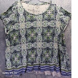 New Directions Weekend 3X Green Medallion Print Short Sleeve Top Cabincore Boho